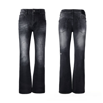 Premium Charcoal Black Denim - Iconic Cross Embroidery Detail with Rugged Aged Finish