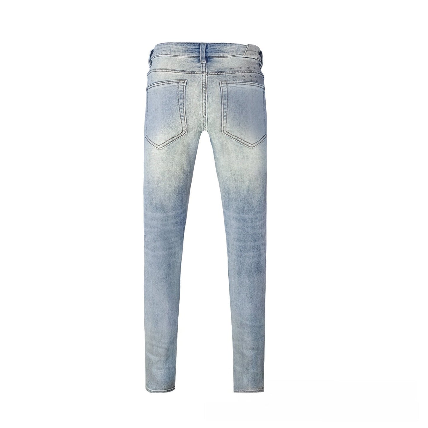 Light Blue Light Wash Flared Jeans Featuring Side Rivets and White Embroidery - High Rise Wide Leg Destroyed Pants