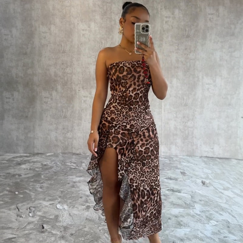 New Sexy Fitted Leopard Print Side-Slit Flirty Style Dress D1993527