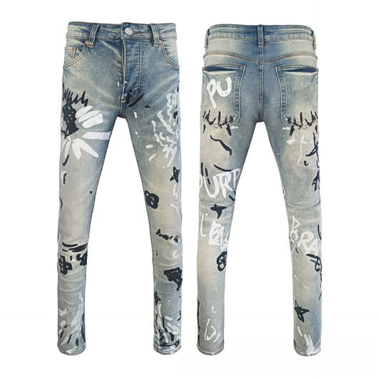 Men's Light Blue Slim Jeans - Artistic Hand-Painted Graffiti & Daisy Flower Graphic