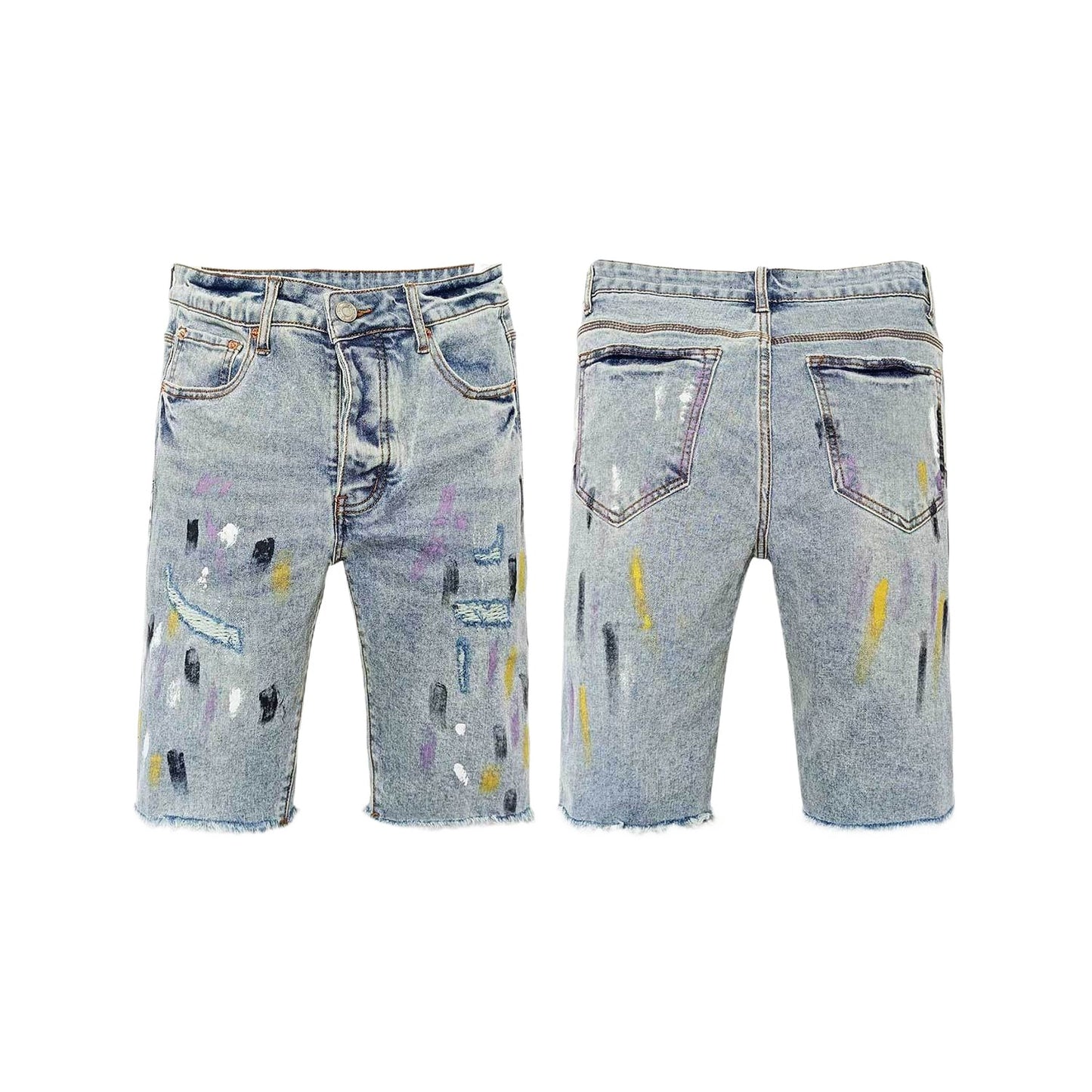 Men's Light Blue Distressed Denim Shorts with Multi Color Paint Splatter Ripped Raw Hem Streetwear