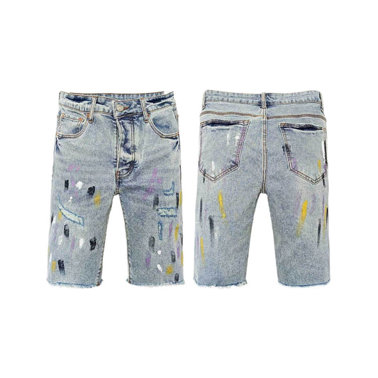 Men's Light Blue Distressed Denim Shorts with Multi Color Paint Splatter Ripped Raw Hem Streetwear
