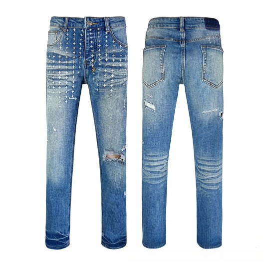 Men's Classic Blue Slim Jeans - All-over White Cross Embroidery & Graffiti Detail