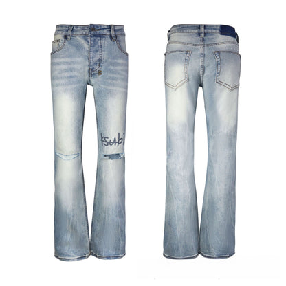 Men's Light Blue Flare Jeans - Minimalist Bleached Wash Denim with Subtle Whisker Texture