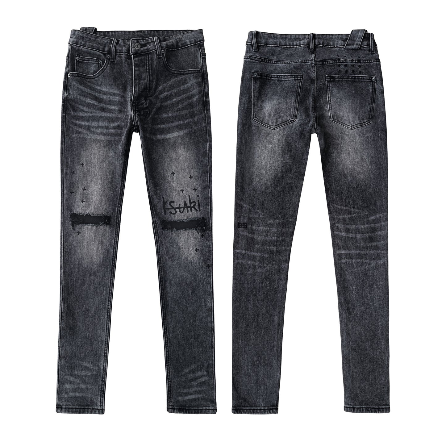 Men's Distressed Charcoal Black Skinny Jeans - Unique Knee Rip & Aged Wash Fringed Finish