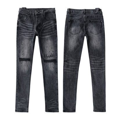 Men's Distressed Charcoal Black Skinny Jeans - Unique Knee Rip & Aged Wash Fringed Finish