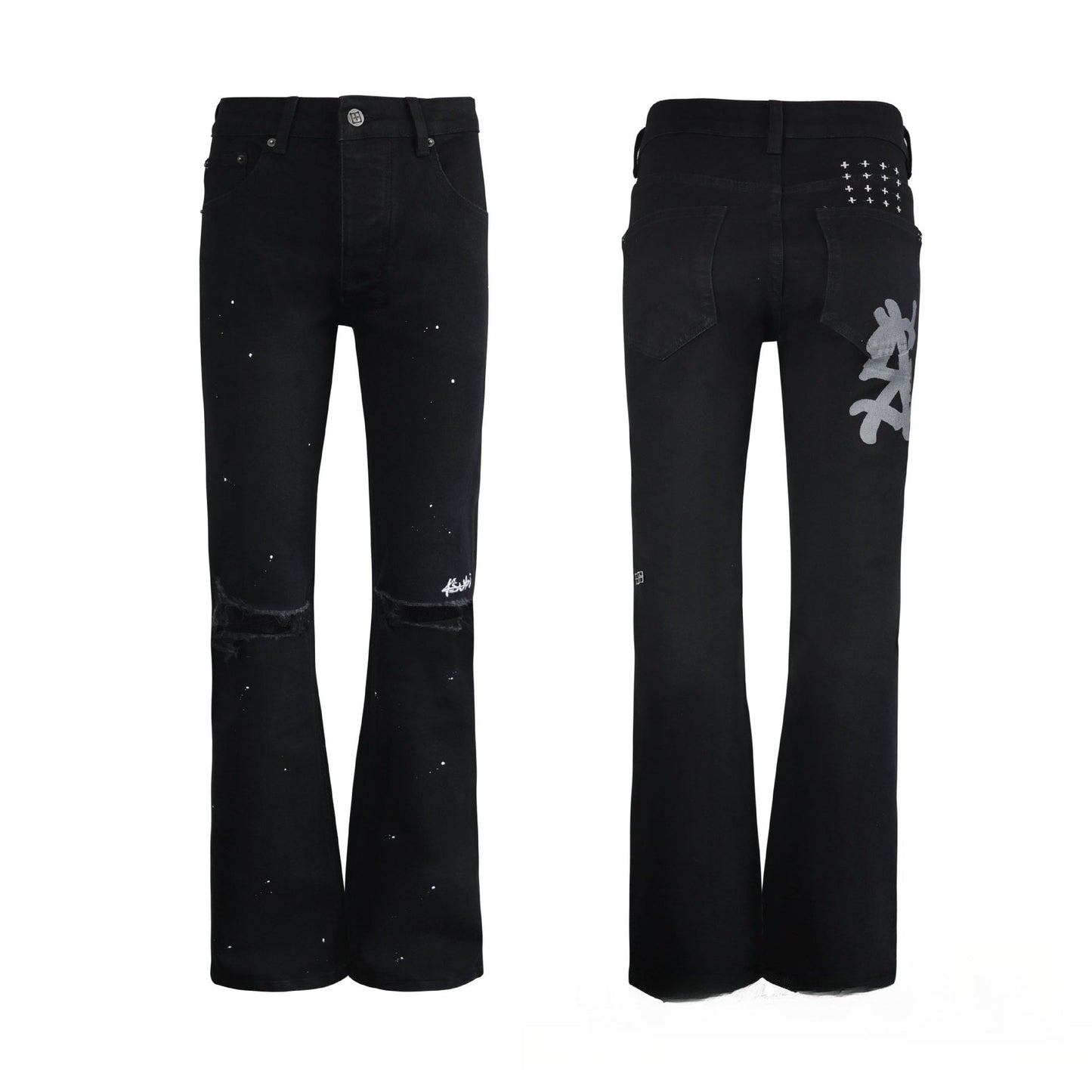Men's Black Flare Jeans - Streetwear Graffiti Graphic Denim with White Splatter Detail