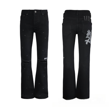 Men's Black Flare Jeans - Streetwear Graffiti Graphic Denim with White Splatter Detail