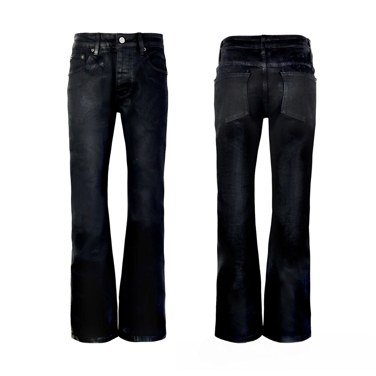 Premium Black Flare Jeans for Men - Avant-Garde Waxed Finish with Distressed Crinkle Wash