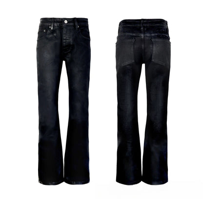 Premium Black Flare Jeans for Men - Avant-Garde Waxed Finish with Distressed Crinkle Wash