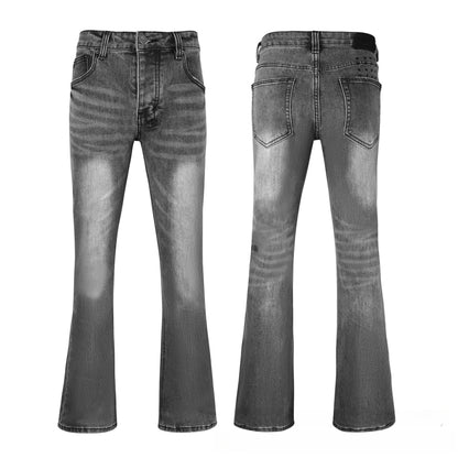 Men's Dark Grey Flare Jeans - Detailed Star Cross Embroidery & Vintage Faded Denim