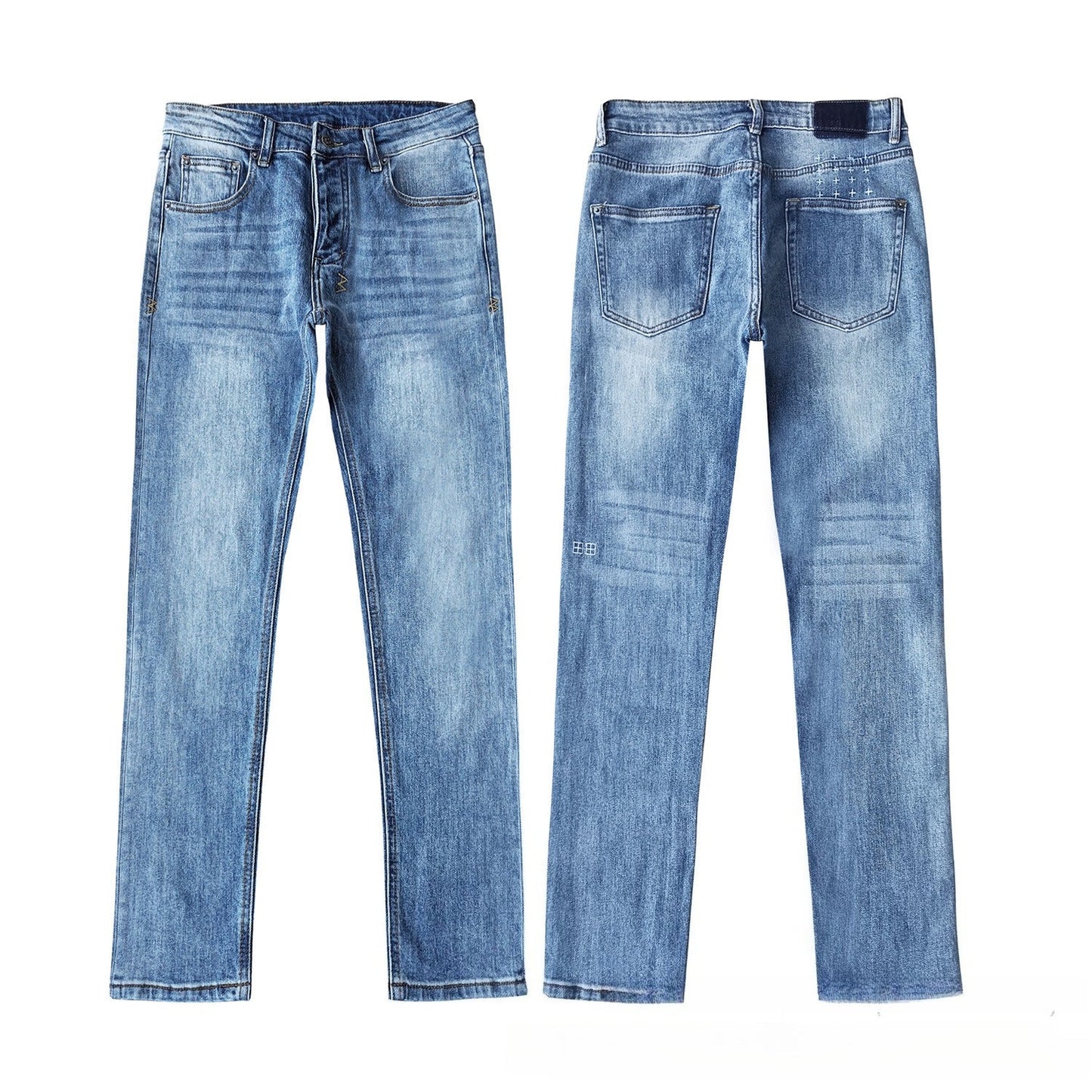 Men's Light Blue Slim Fit Jeans Distressed Wash Cross Embroidery Back Pockets Streetwear Denim