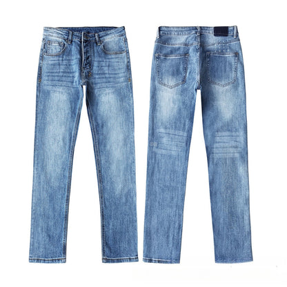 Men's Light Blue Slim Fit Jeans Distressed Wash Cross Embroidery Back Pockets Streetwear Denim
