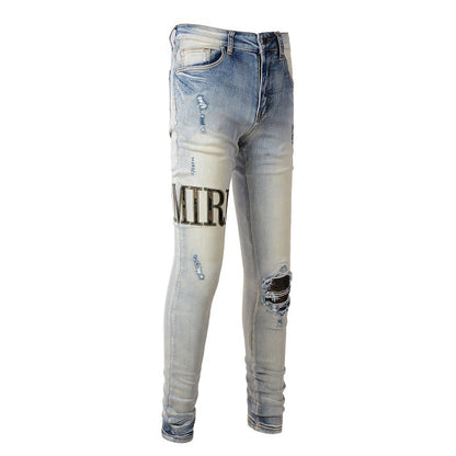 European and American Street Tide Hole Patch Letter Embroidery High Street Trendy Men Slim Pants Denim #878