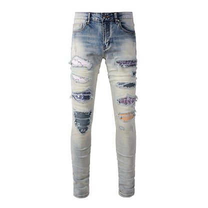 High Street Jeans Trendy Men's Ripped Patch Beggar Knee Jeans #1333