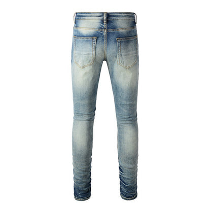 Jean slim extensible rétro pour homme de marque High Street Trendy Ripped Color Patch Jeans 