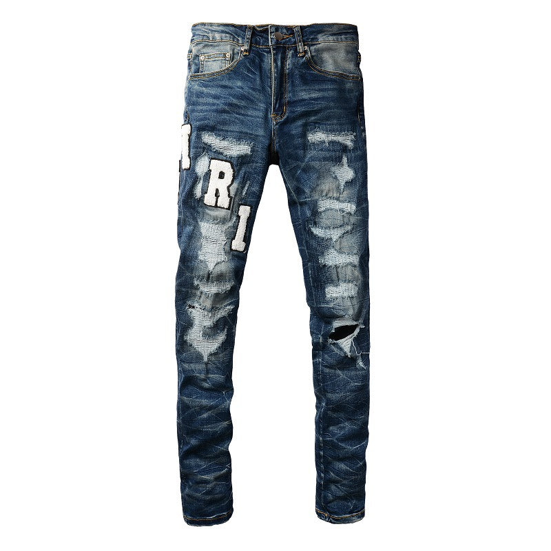 European and American High Street Jeans Embroidered Letter Ripped Patch Elastic Slim-fitting Pants #1314