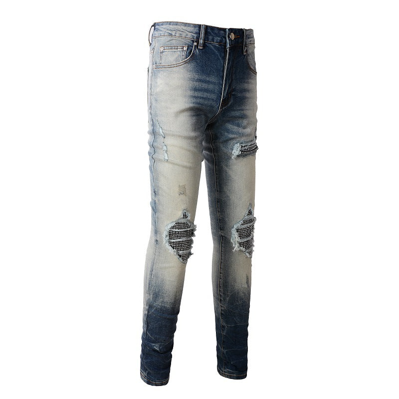 High Street Jeans Trendy Men's Ripped Patch Diamond Beggar Jeans #1331