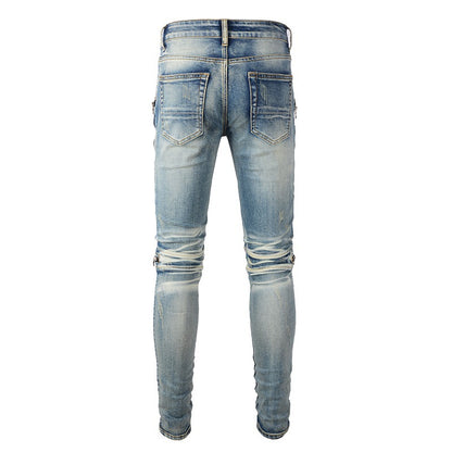 Korean Version Slim-fit Locomotive Jeans High Street Jeans Zipper Sticker Splicing Jeans 606