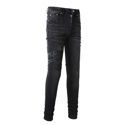 Jeans européens et américains Street Tide brodés pour hommes, jeans slim extensibles à la mode #1312 