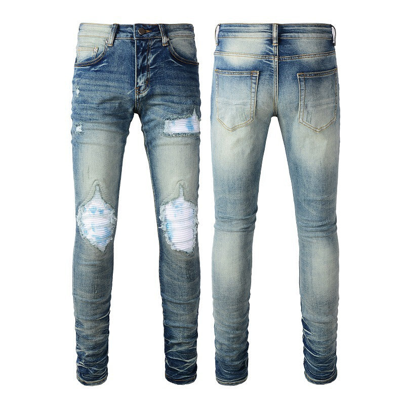 Men's Fashion Blue Jeans with White Patches and Ripped Stretch Design