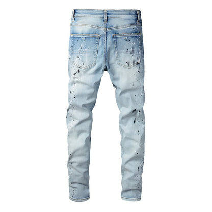 820 Jeans en denim micro-élastique bleu clair pour jeunes avec patch déchiré et peinture 