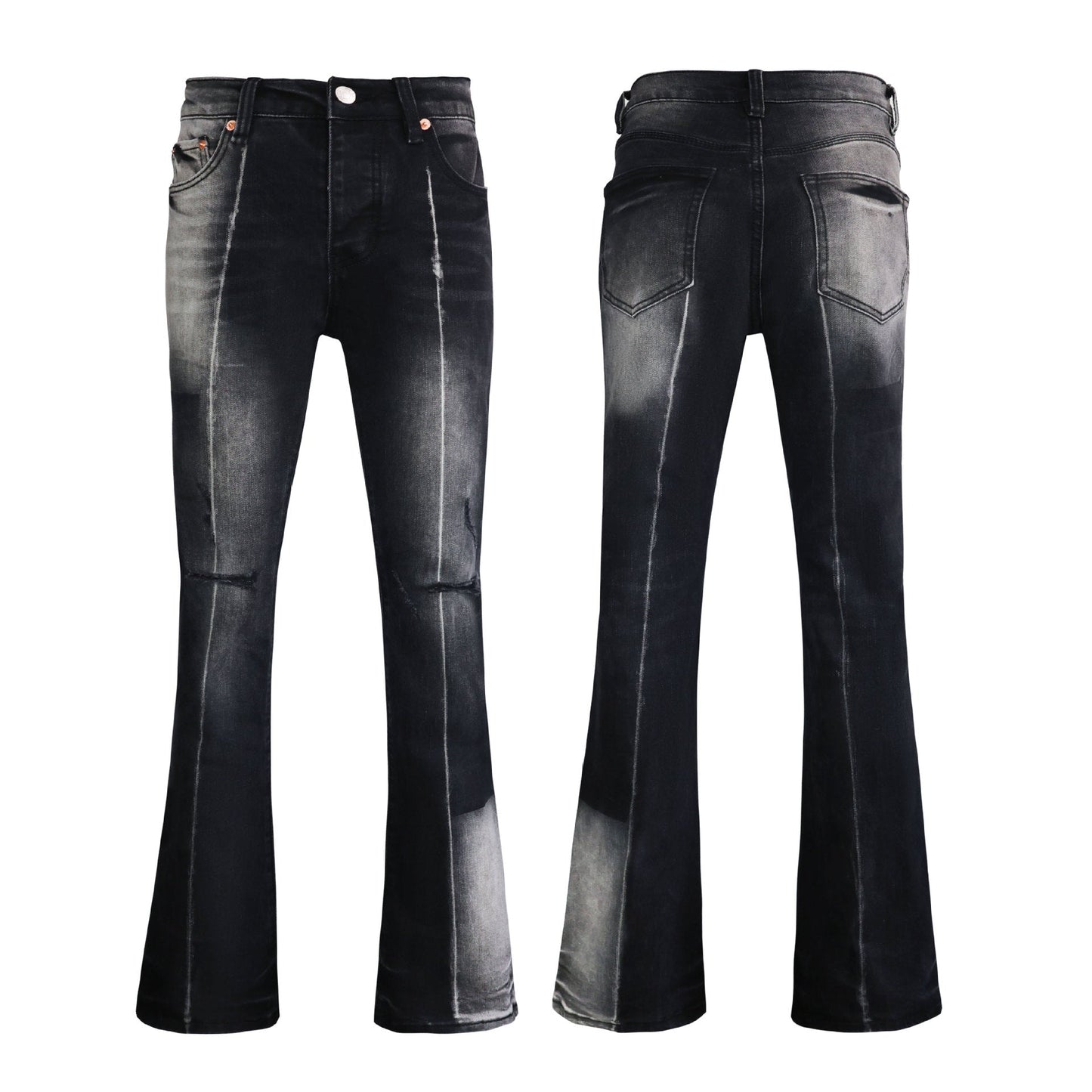 Premium Charcoal Black Flared Jeans for Men - Trendy Distressed Ripped Design & Faded Whiskers