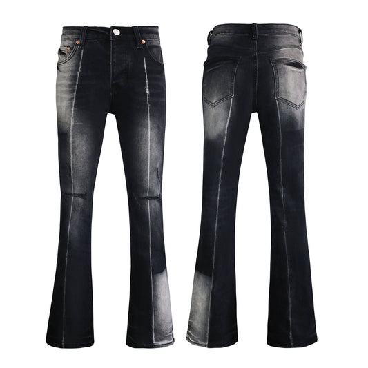 Premium Charcoal Black Flared Jeans for Men - Trendy Distressed Ripped Design & Faded Whiskers