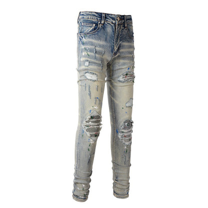 European and American High Street Ink Graffiti Ripped Patch Stretch Slim Jeans #883