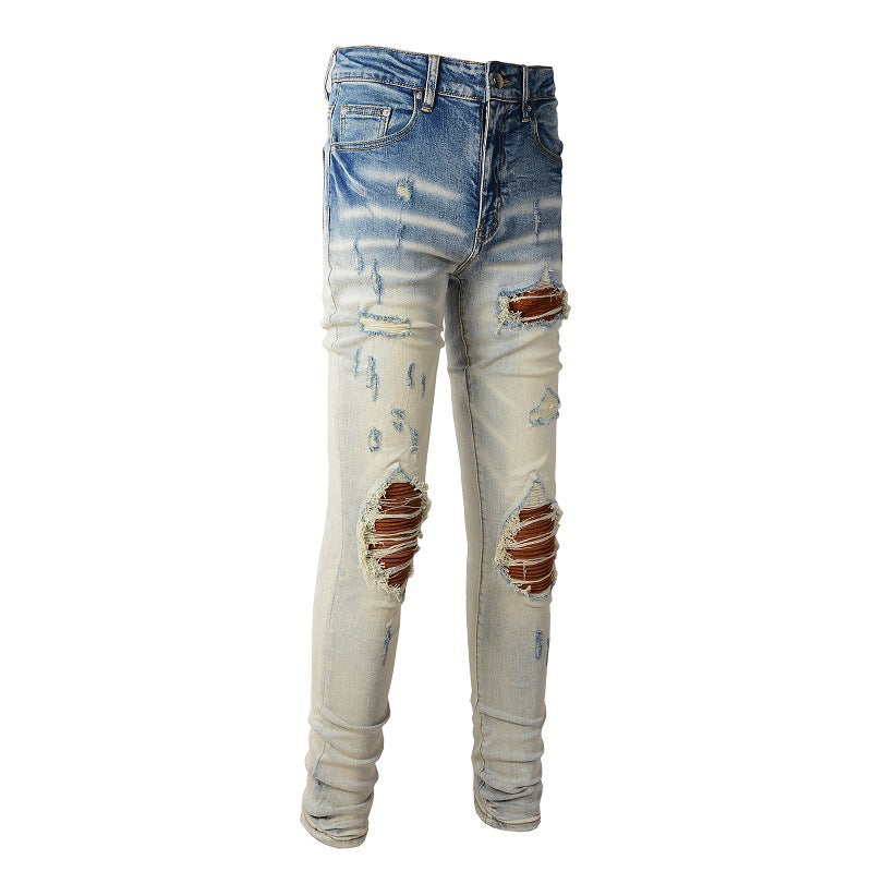 887 Jeans déchirés Street Tide européens et américains Pantalons slim High Street Tide Jeans 