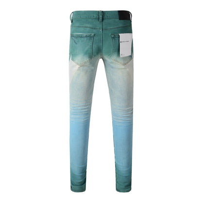 New Pop Style Mens Creases Pants Skinny Purple Denim Cyan-Blue Jeans PB9047A