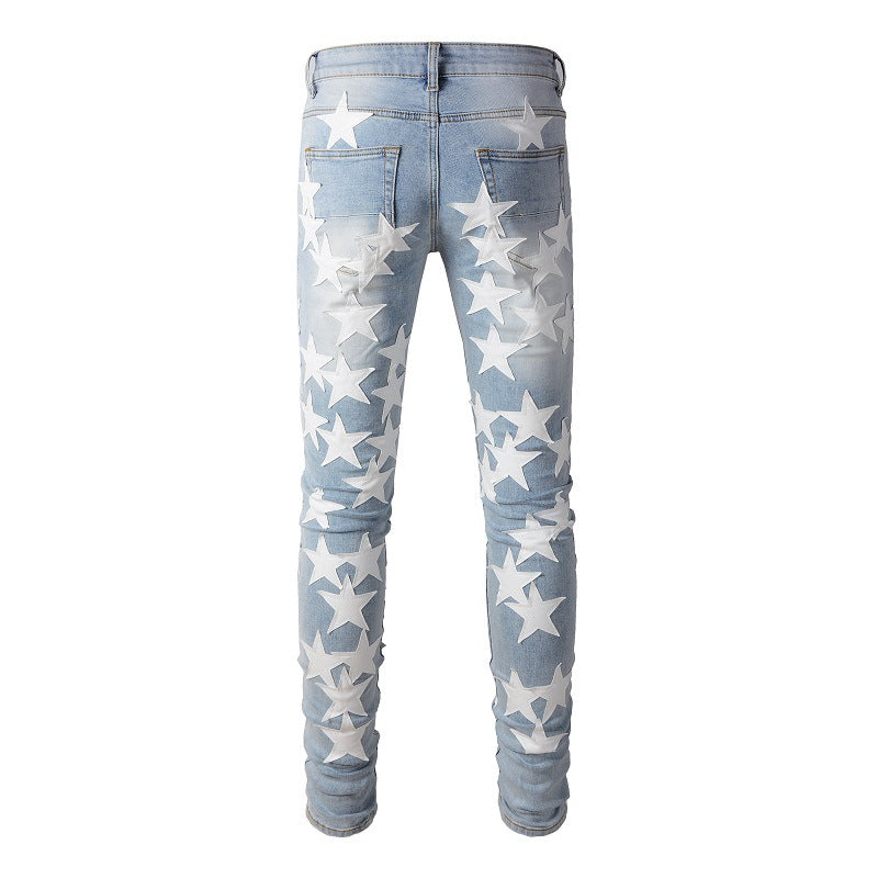 690 High Street Sticky White Star Trend Jeans High Craft Slim-Fit élastique Small Foot Jeans 