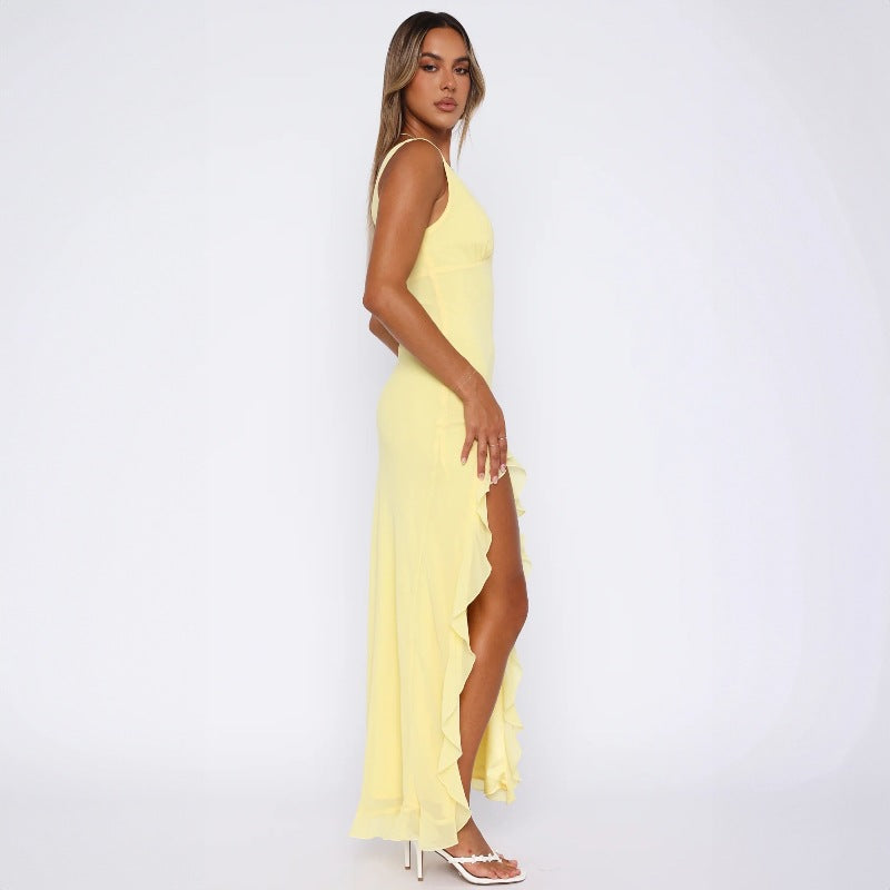 New Fashion V-Neck Sleeveless Ruffled Backless Slit Dress D1993400