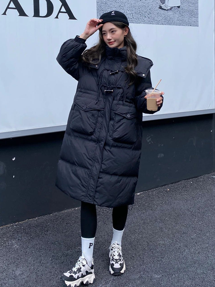 Chaqueta de plumas con hebilla de cuerno para mujer, larga, de invierno, cálida y casual.