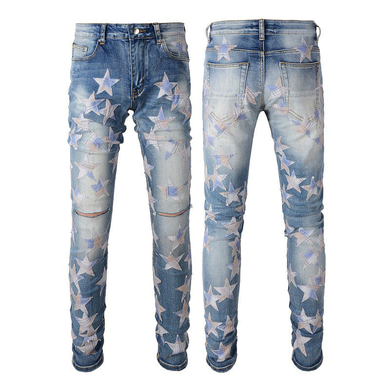 Jeans Pentagram Splicing Trend Jeans High Craft Elastic Slim High Street Jeans