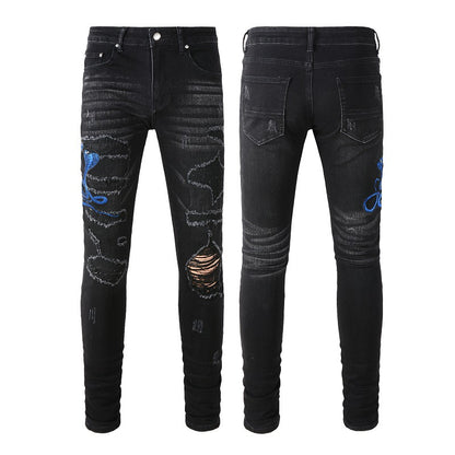 Pantalones vaqueros de talla grande personalizados para hombre con bordado de tendencia callejera, parche A, de corte pequeño, n.° 1345 