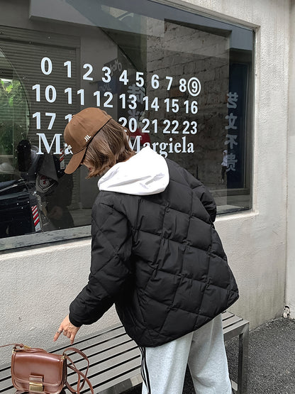 Chaqueta de plumón con cuadros de diamantes sin cuello, ligera y fina, para mujer, cuello redondo, plumón de pato blanco