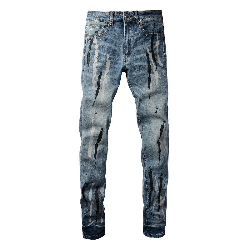 Jeans tendance mode Graffiti Flow Ink Jeans déchirés Stretch Slim Denim #6907 