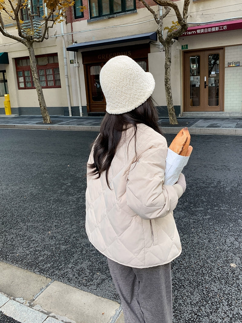 Doudoune à carreaux en losanges sans col légère et fine pour femme à col rond en duvet de canard blanc