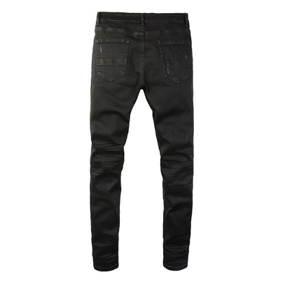 8586 Jeans pour hommes de marque tendance européenne et américaine avec patch à trous très élastiques, slim et fin, High Street 