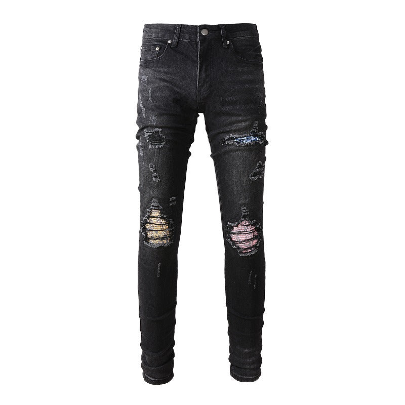 Jeans déchirés tendance de la rue européenne et américaine Pantalon slim tendance pour homme en denim #867 