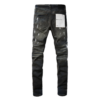 Pantalones vaqueros morados rotos para hombre: elegantes pantalones de mezclilla de calle con pintura negra y corte ajustado 