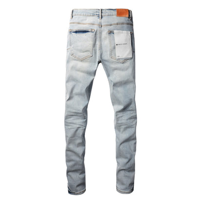 Pantalones vaqueros pitillo morados para hombre con detalle roto - Pantalones vaqueros de motociclista de moda con parches y diseño estampado - Pantalones vaqueros morados 