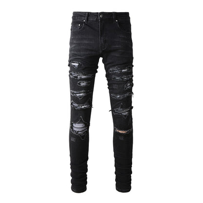 Jean slim stretch délavé noir avec détails en similicuir polyvalents 