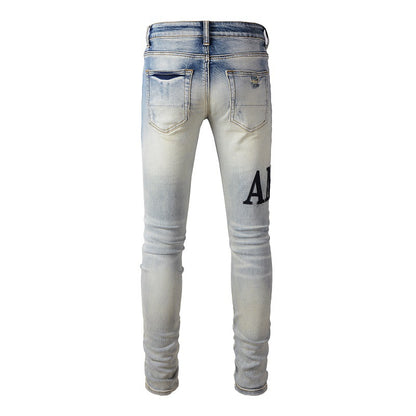 European and American High Street High Street Jeans Men's Ripped Patch Slim and Thin Pants #866