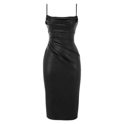 Robe moulante sexy en cuir PU froncé avec bretelles pour boîte de nuit et fête 