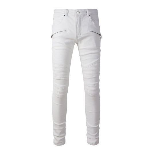 Jeans de moto tendance High Street Pantalons épissés blancs pour hommes Trendy Men #1100 