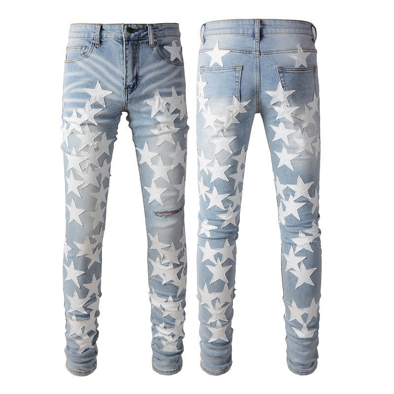 Jeans Pentagram Splicing Tendance Jeans High Craft Élastique Slim High Street Jeans 