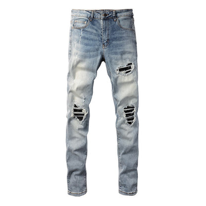 6667 Jeans High Street Trendy Brand Ripped Hole Patch Jeans rétro élastiques pour hommes 