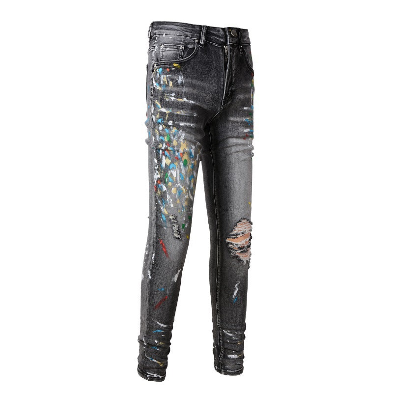 Jeans de marque tendance motif graffiti éclaboussures d'encre déchirés jeans élastiques slim denim #1303 